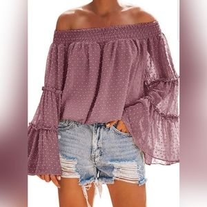 Swiss Polka Printed Smocked Off The Shoulder Tops